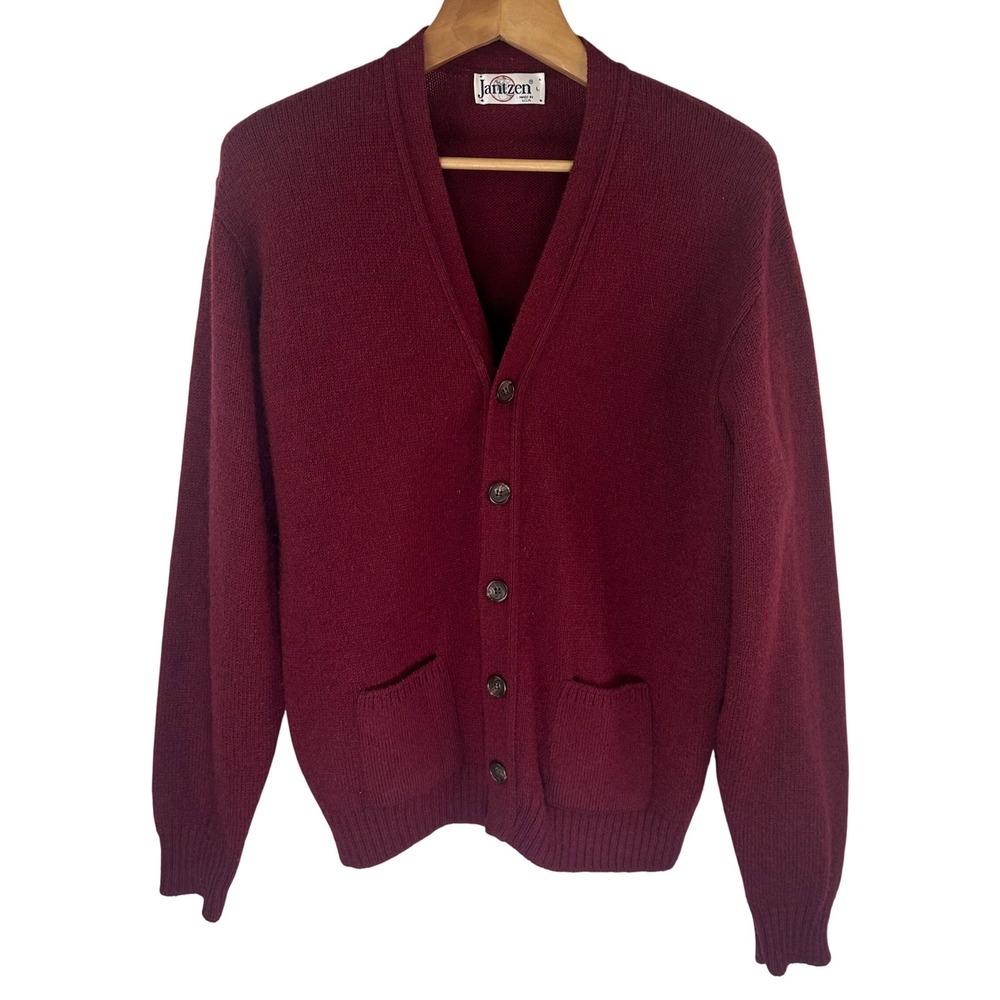 Vintage Jantzen Mens L Button Cardigan Sweater Burgundy Maroon Made in‎ USA
